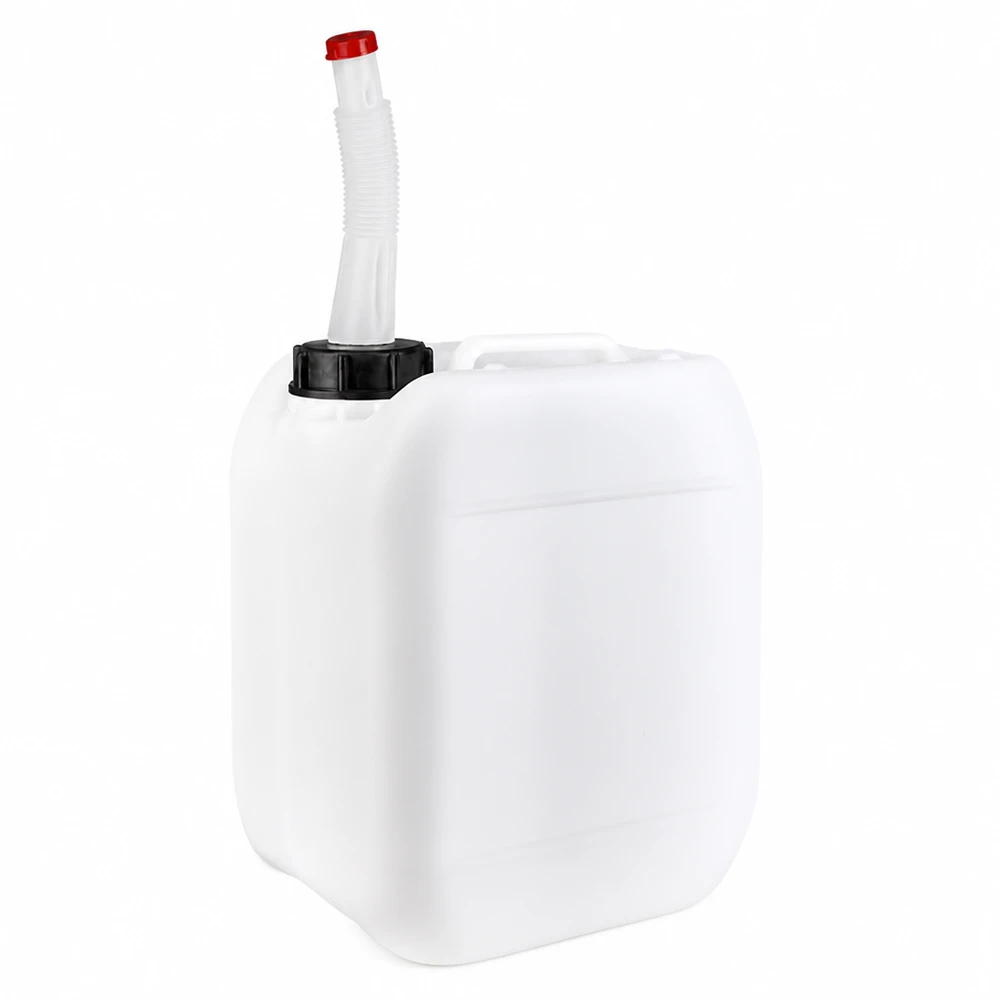 Bidon rectangulaire en PEHD de 5 L, blanc, avec goulotte de remplissage souple et bouchon rouge