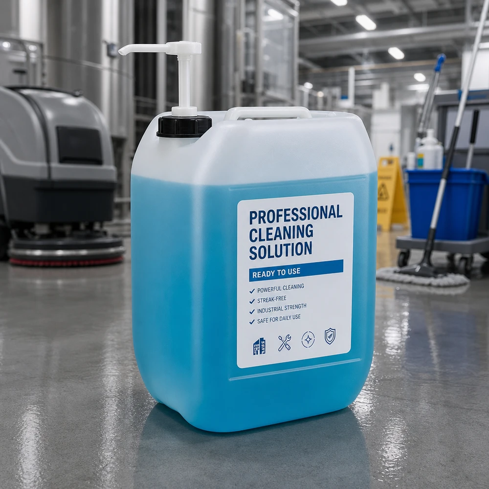 Jerrican de 10 litres avec pompe doseuse Grand conditionnement de 10 litres avec pompe, destiné à une solution de nettoyage professionnelle pour un usage professionnel