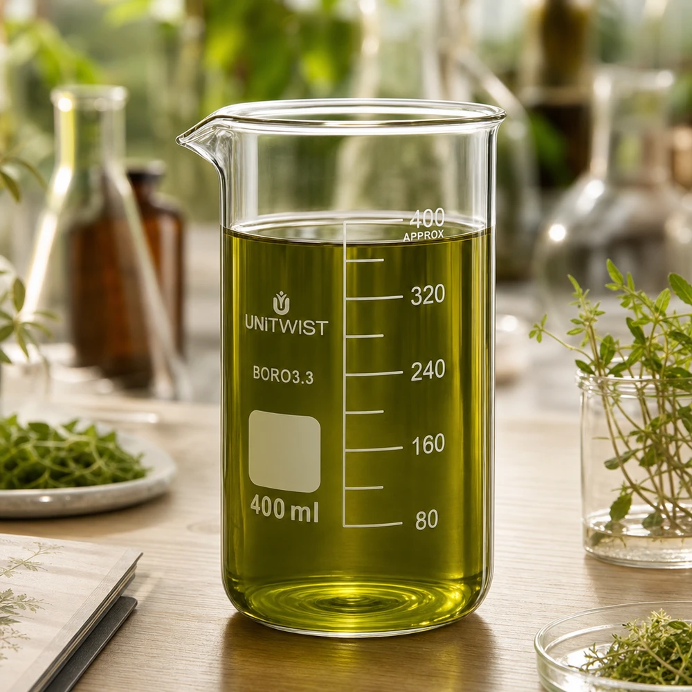 Bécher 400ml borosilicate, forme haute UNITWIST Verre à bec UNITWIST de 400 ml en borosilicate contenant de l'huile d'herbes vert olive dans un environnement scientifique