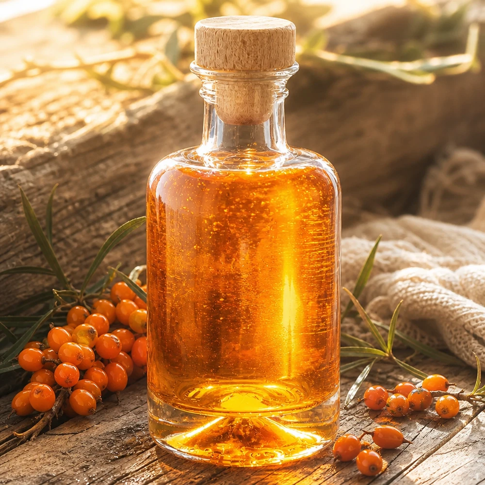 Bouteille en verre Sofia de 100 ml avec bouchon en bois remplie d'huile d'argousier à côté de baies d'argousier orange Décoration naturelle