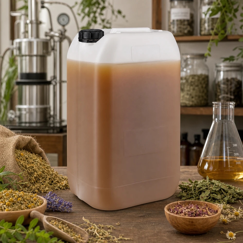 Jerrican de 15 litres avec bouchon à vis Récipient translucide de 15 L contenant un liquide brun et muni d'un bouchon à vis sécurisé