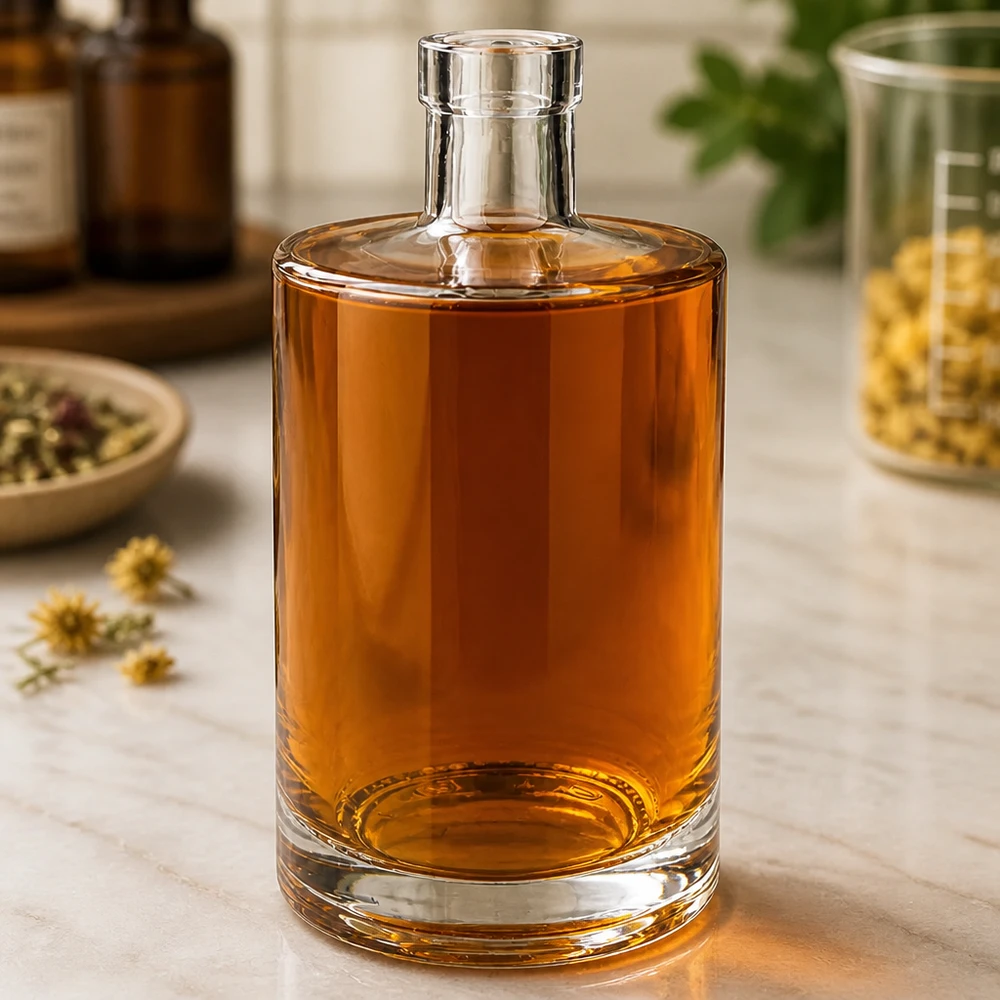 Bouteille en verre 700 ml « Marie » sans bouchon UNiTWIST® Bouteille en verre Marie de 700 ml remplie de liquide ambré dans une ambiance élégante avec des herbes et des verres d'apothicaire