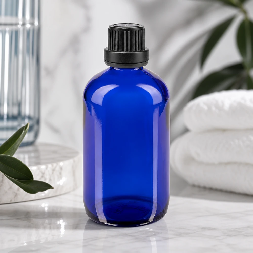Flacon de pharmacie de 100 ml, bleu cobalt, avec bouchon OV de 11 mm, pour les cosmétiques et l'aromathérapie