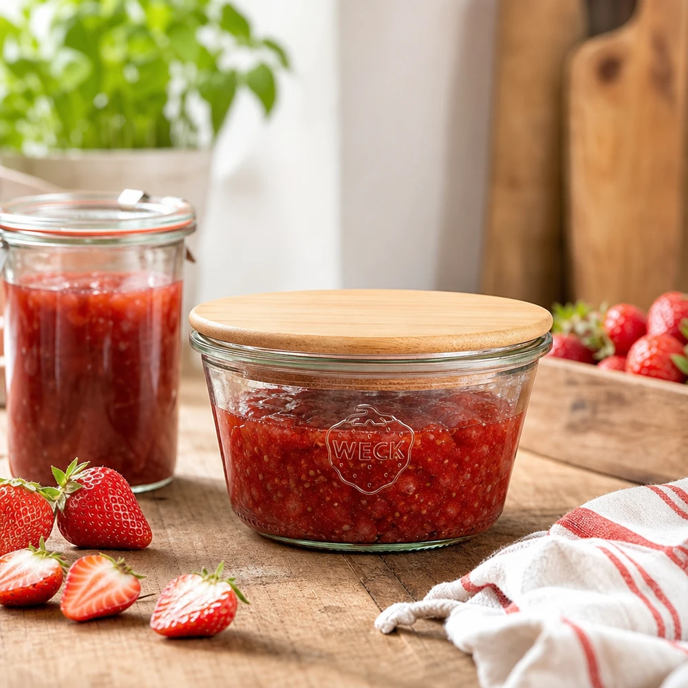 WECK Pot de conservation 290ml RR100 rempli de confiture de fraises, couvercle en bois de bambou, scène de cuisine avec des fraises fraîches