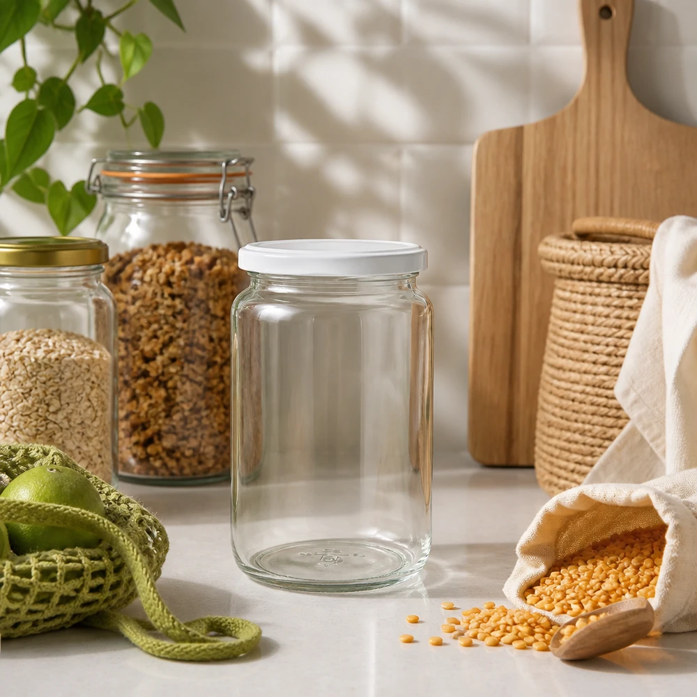 Bocal rond de 795 ml UNiTWIST dans une cuisine durable zéro déchet avec des légumineuses et des solutions de conservation respectueuses de l'environnement