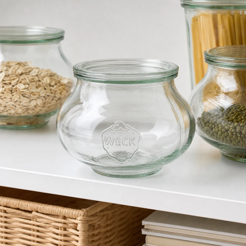 WECK Pot à bijoux 1062ml vide présenté sur une étagère blanche à côté de bocaux à provisions avec céréales pâtes lentilles