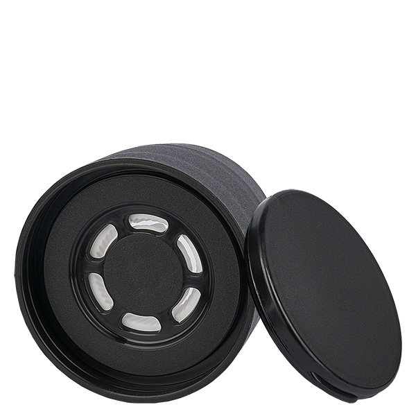 Couvercle du bocal à sel/épices avec moulin grossier noir - broyeur céramique grossier, 6 trous pour épandeur ø8mm. Filetage de 41mm. Couvercle à presser. Couvercle du bocal à sel/épices avec moulin grossier noir - broyeur céramique grossier, 6 trous pour épandeur ø8mm. Filetage de 41mm. Couvercle à presser.