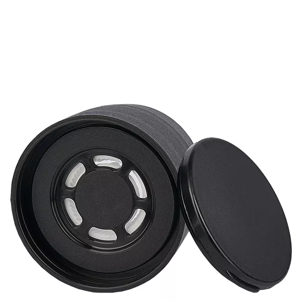 Couvercle du bocal à sel/épices avec moulin grossier noir - broyeur céramique grossier, 6 trous pour épandeur ø8mm. Filetage de 41mm. Couvercle à presser.