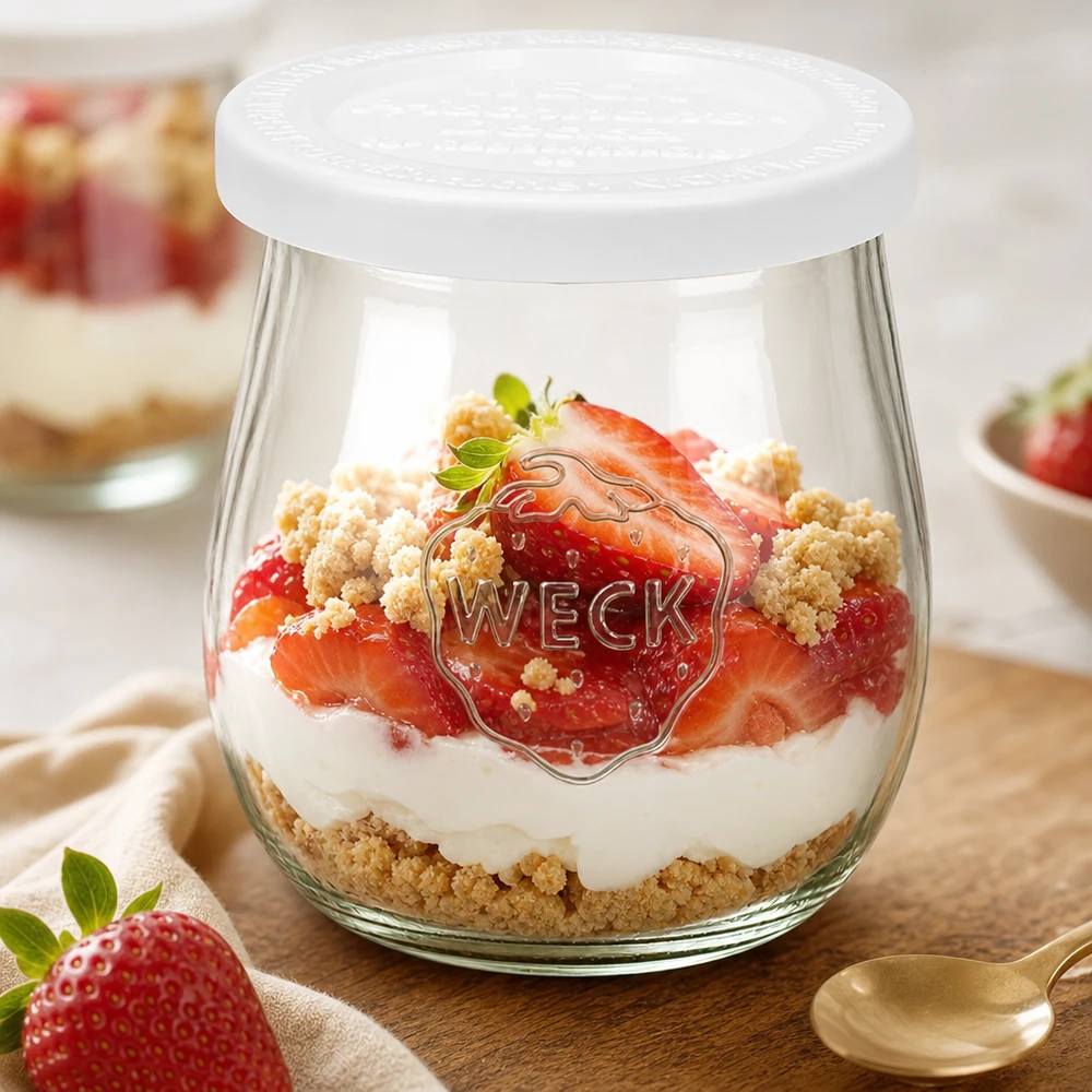 WECK Verre tulipe 220ml avec couvercle fraîcheur comme verre à dessert - Dessert stratifié à la fraise et à la crème avec crumble en verre RR60