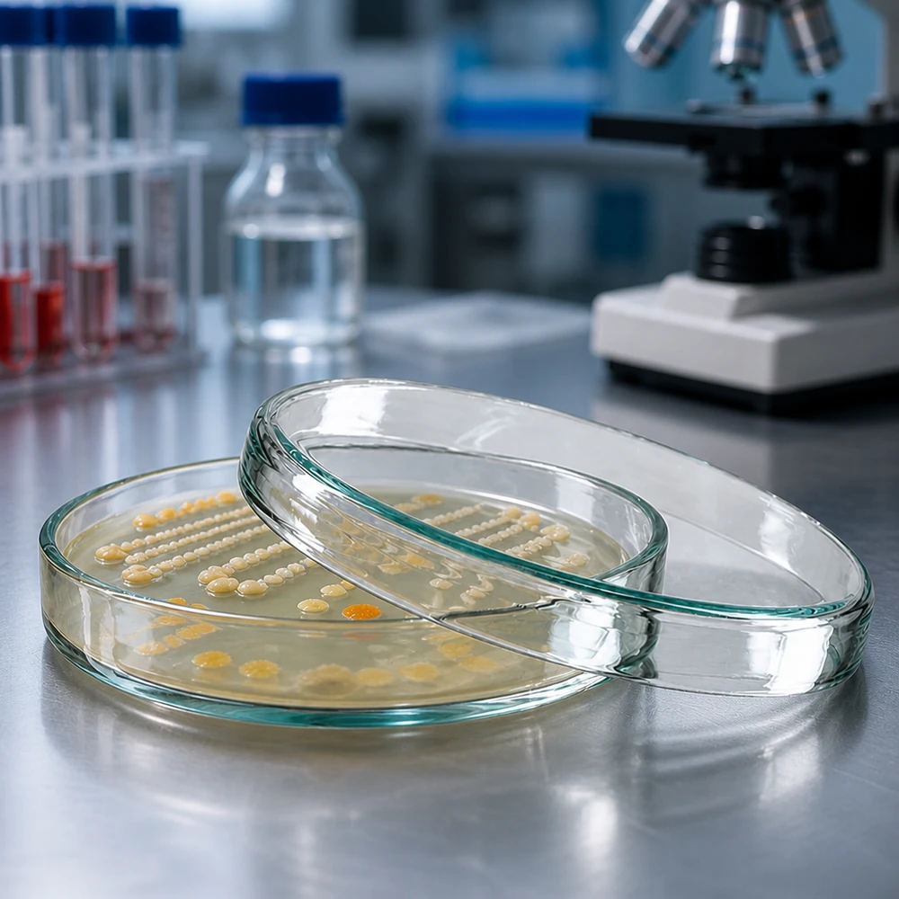 Boîte de Pétri ronde en verre borosilicaté, 80 x 15 mm, avec des colonies jaunes sur un milieu de culture