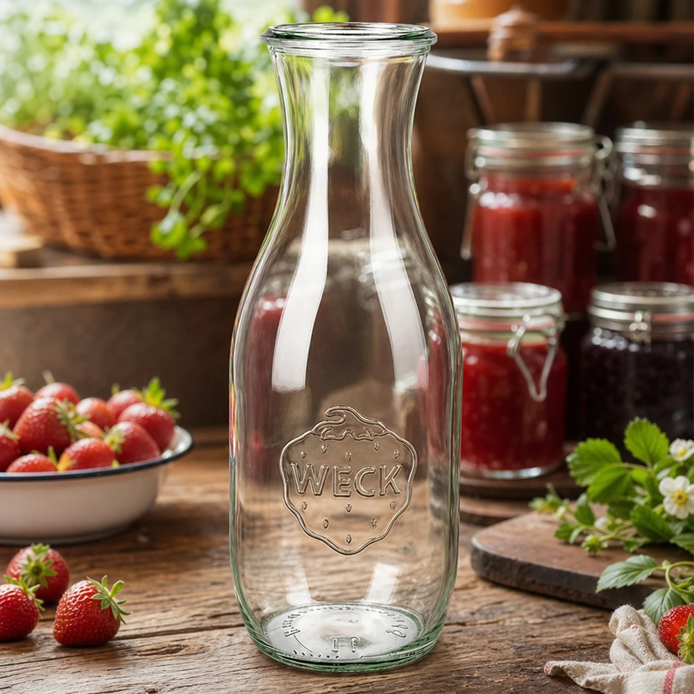 WECK Bouteille de jus 1062ml RR60 dans une cuisine rustique avec des fraises fraîches et des pots de confiture comme décoration
