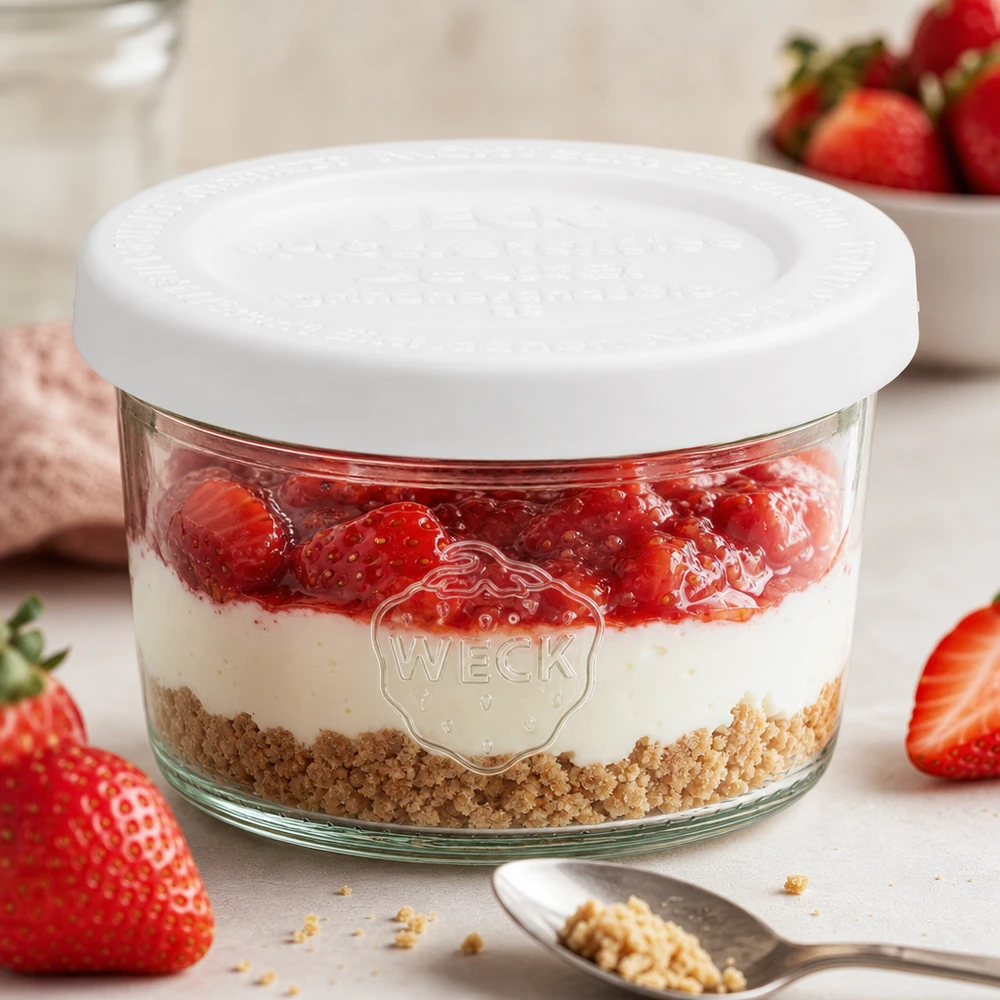 WECK Pot renversé de 80ml RR60 avec dessert aux fraises et fond en biscuit comme dessert en couches entre des fraises fraîches et une cuillère