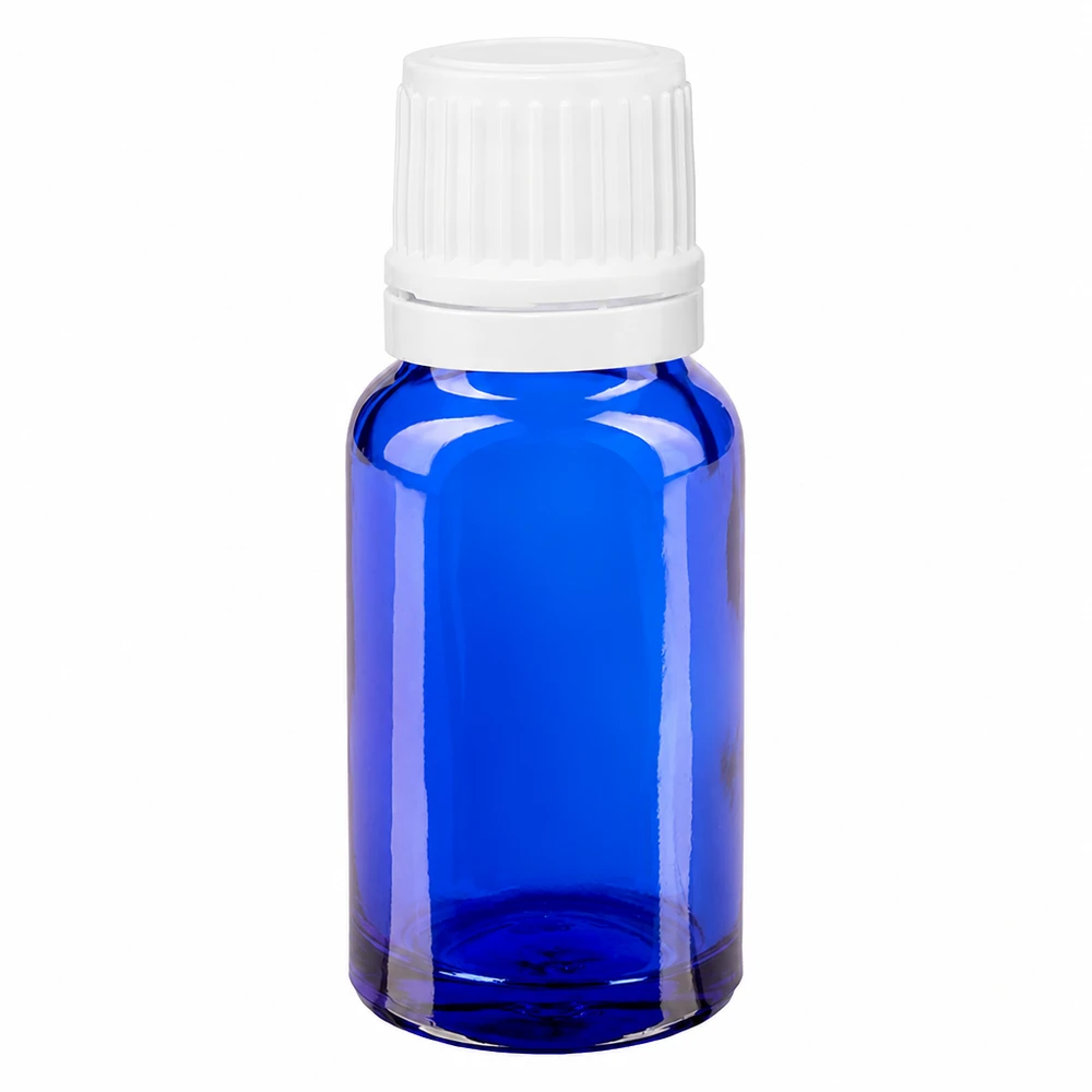 Flacon de pharmacie bleu 10ml bouchon vissable blanc bouchon d'inviolabilité Petite bouteille en verre bleue de 10 ml avec bouchon compte-gouttes blanc à sécurité enfant de 11 mm