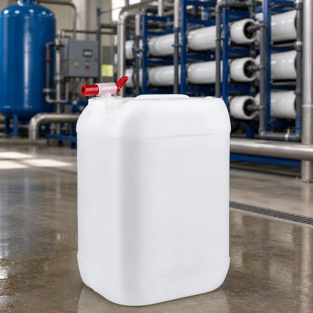 Jerrican de 25 litres avec robinet Bidon en HDPE de 25 litres, adapté au contact alimentaire, muni d'un robinet rouge, posé sur un sol en béton