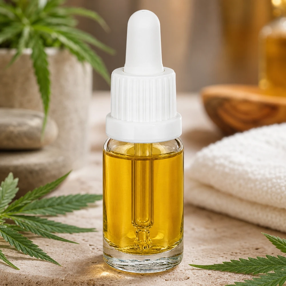 Huile de CBD en flacon pipette blanc de 10 ml OV ClearLine UT18/10 avec un contenu doré