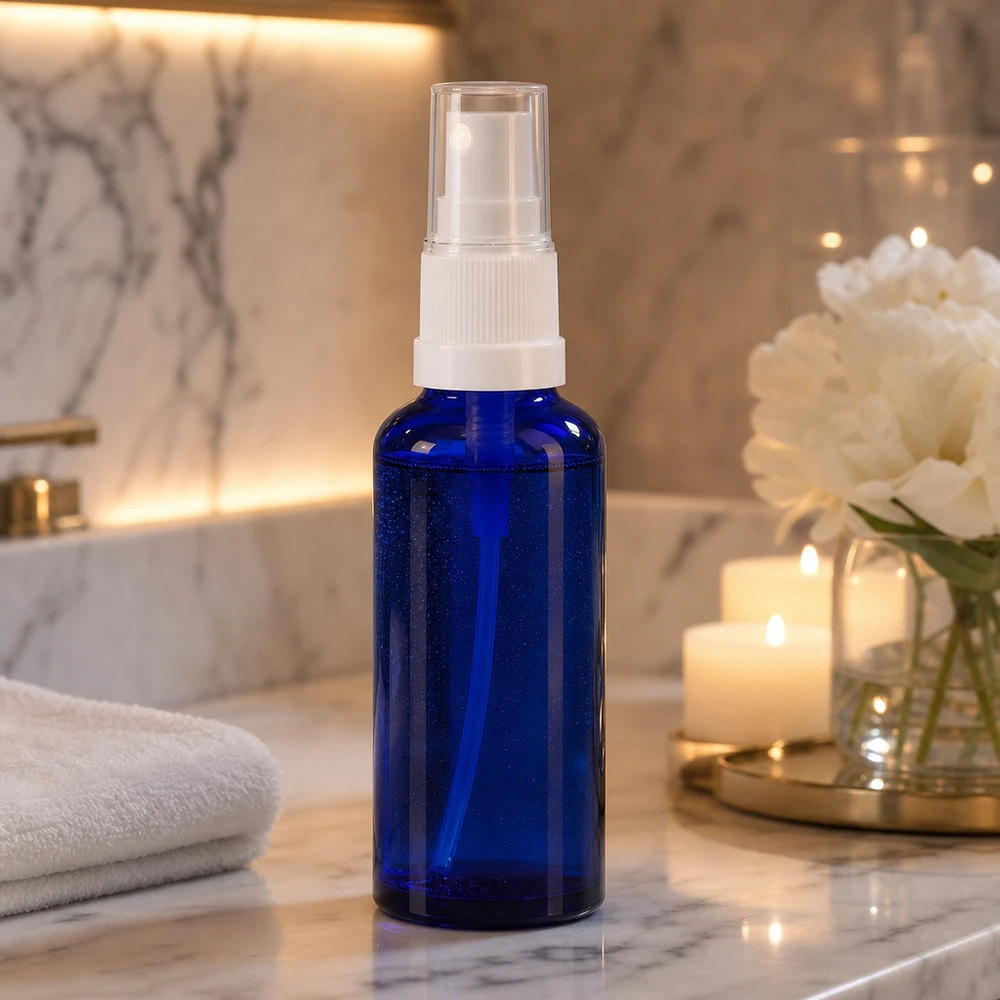 Flacon ApoGlas bleu de 30 ml avec bouchon de protection transparent et pompe blanche, posé sur un lavabo en marbre