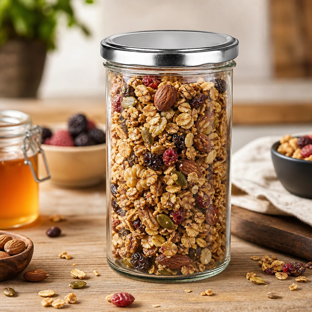 230ml Verre conique avec couvercle BasicSeal argent UNiTWIST 277ml Sturzglas mit BasicSeal Deckel silber gefüllt mit Müsli und Nüssen auf Holztisch Vorratshaltung Küche