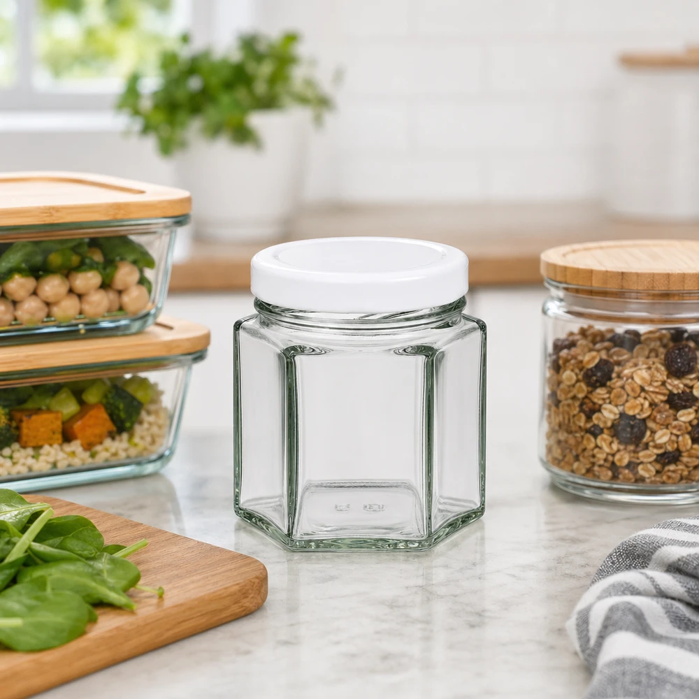 47ml Verre hexagonal avec couvercle BasicSeal blanc UNiTWIST Bocal hexagonal vide de 47 ml avec couvercle BasicSeal blanc entre les bocaux à provisions remplis dans une cuisine moderne