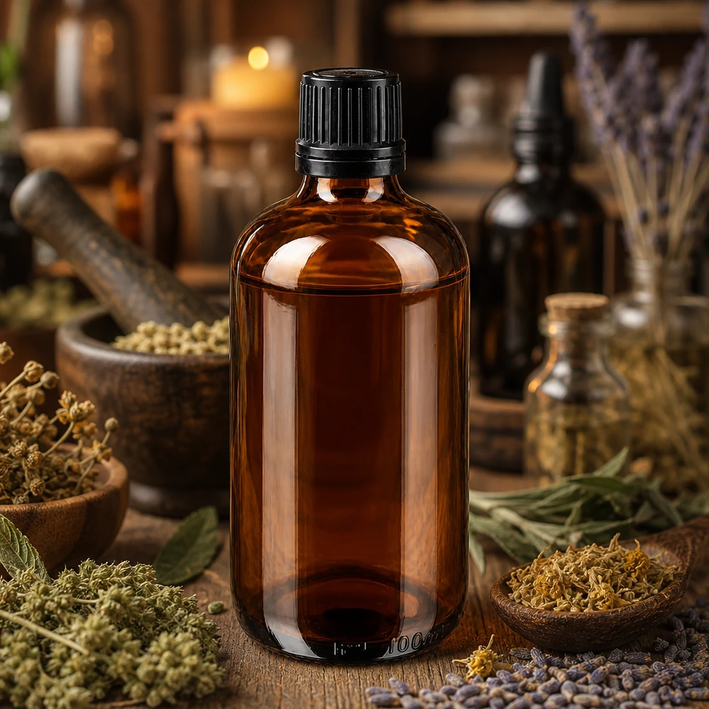 Flacon en verre ambré GR OV de 100 ml, 8 mm, avec protection UV, destiné à la médecine naturelle et aux extraits de plantes