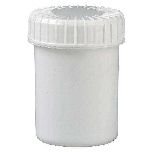Pot en plastique blanc 40 ml + couvercle à vis blanc strié en PE, fermeture standard