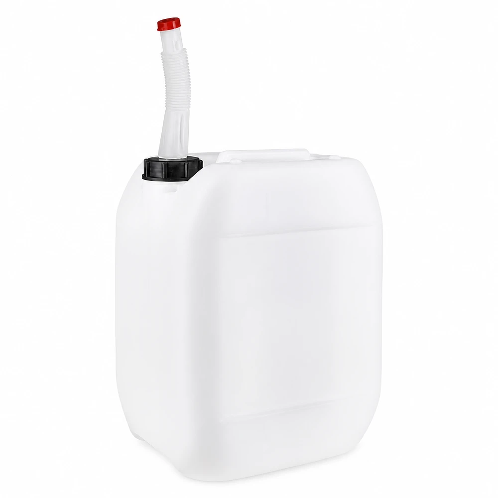 Bidon rectangulaire en PEHD de 10 L avec tube de remplissage flexible, de couleur blanche
