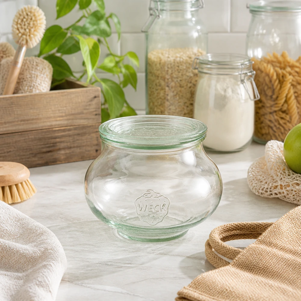 WECK Bocal à bijoux 560ml RR80 dans une cuisine durable Zero Waste avec des matériaux naturels Brosses en bois et sacs en jute