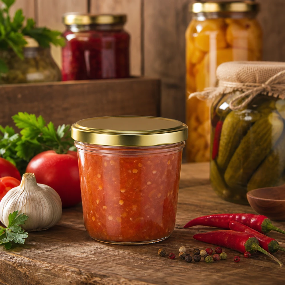 230ml Verre conique avec couvercle BasicSeal or UNiTWIST Pot renversé de 230 ml avec couvercle doré rempli de relish de tomates entouré d'ingrédients frais et d'épices