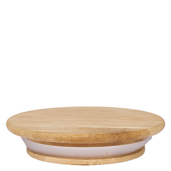Couvercle en bois RR100 WECK Natürlicher Holzdeckel mit weißer Silikondichtung für WECK Gläser im Seitenprofil auf weißem Hintergrund