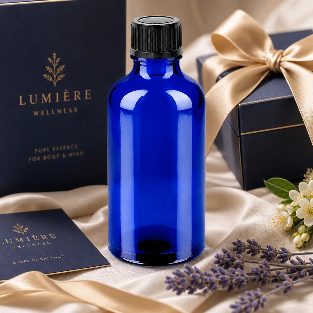 Flacon 50ml 11mm SV noir STD BlueLine UT18/50 Elégant petit flacon en verre de 50ml d'un bleu intense pour les cosmétiques naturels de haute qualité