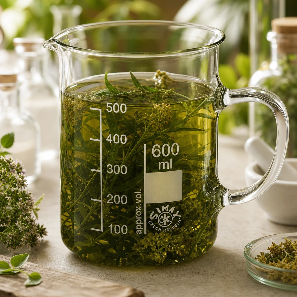 Bécher avec poignée 600ml en verre borosilicate résistant à la chaleur (forme normale) Verre à bec avec anse, 600 ml, en verre borosilicaté, rempli d'huile végétale verte et d'herbes aromatiques