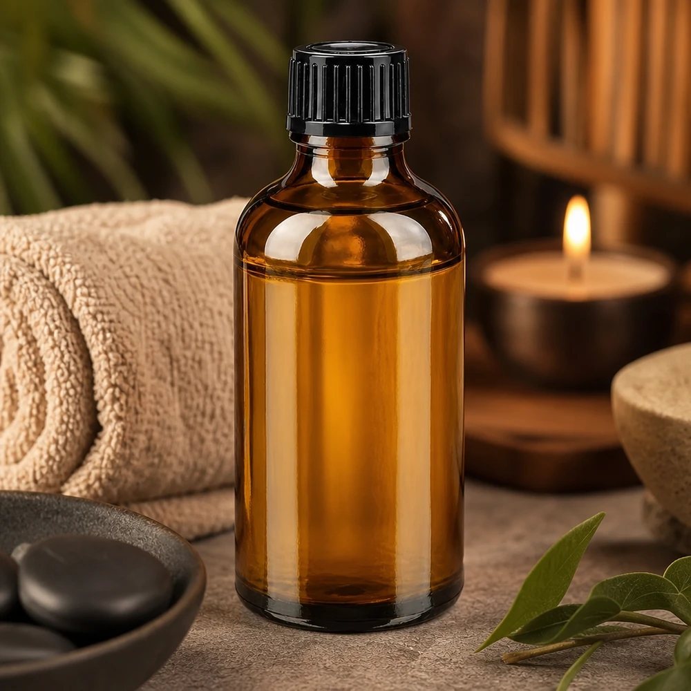 Flacon en verre ambré de 50 ml pour huiles de massage et aromathérapie, avec bouchon à vis mat