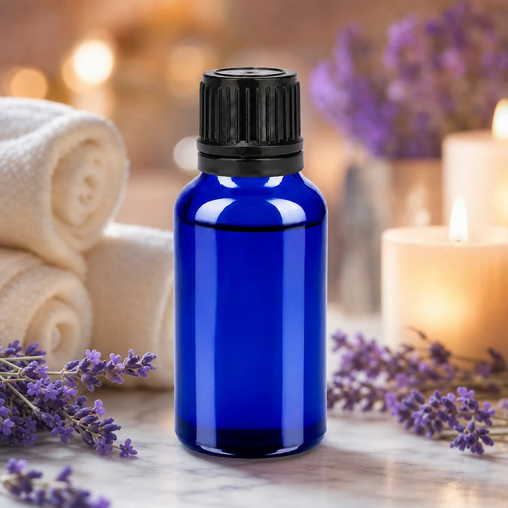 Flacon 20ml 11mm SV noir OV BlueLine UT18/20 Bouteille de pharmacie en verre bleu de 20ml avec couvercle noir pour une conservation sûre des huiles