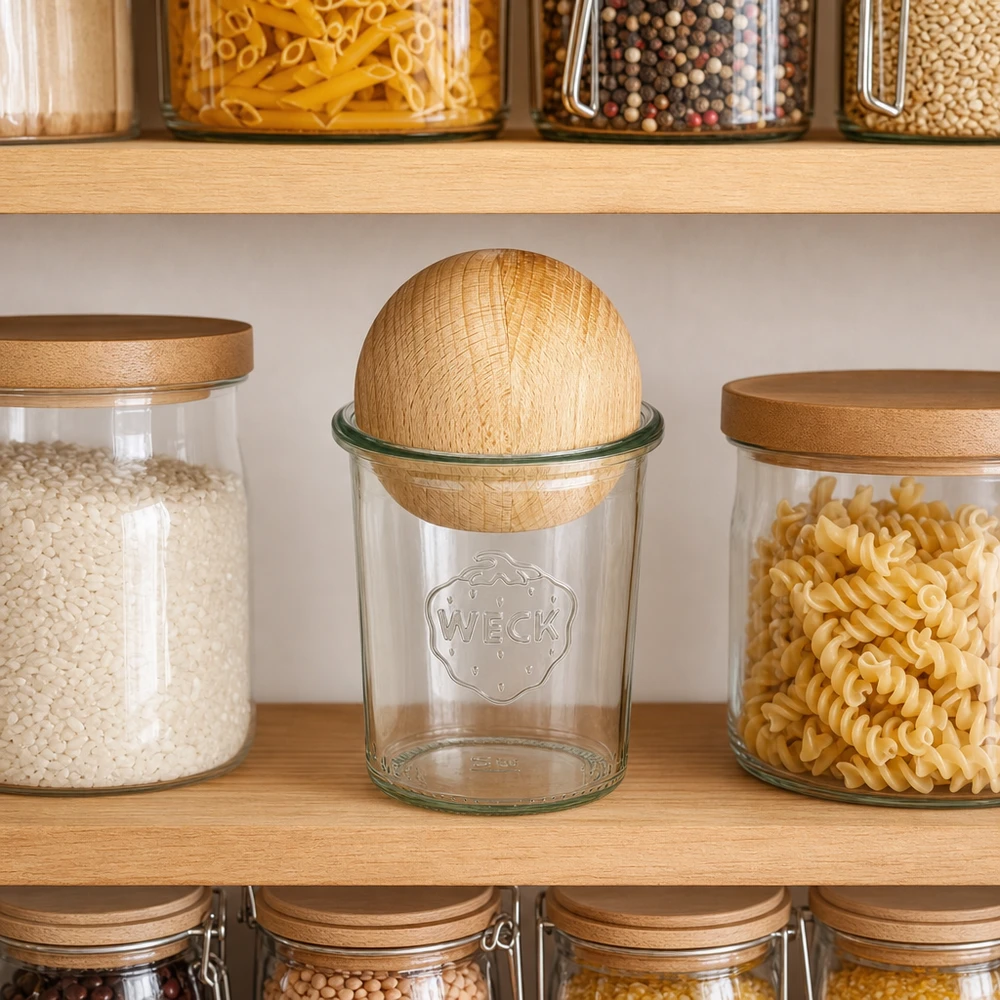 160ml bocal conique WECK RR60 avec boule en bois en hêtre WECK Verre renversé RR60 160ml avec boule en bois dans l'étagère de la cuisine entre les bocaux à provisions avec pâtes et céréales