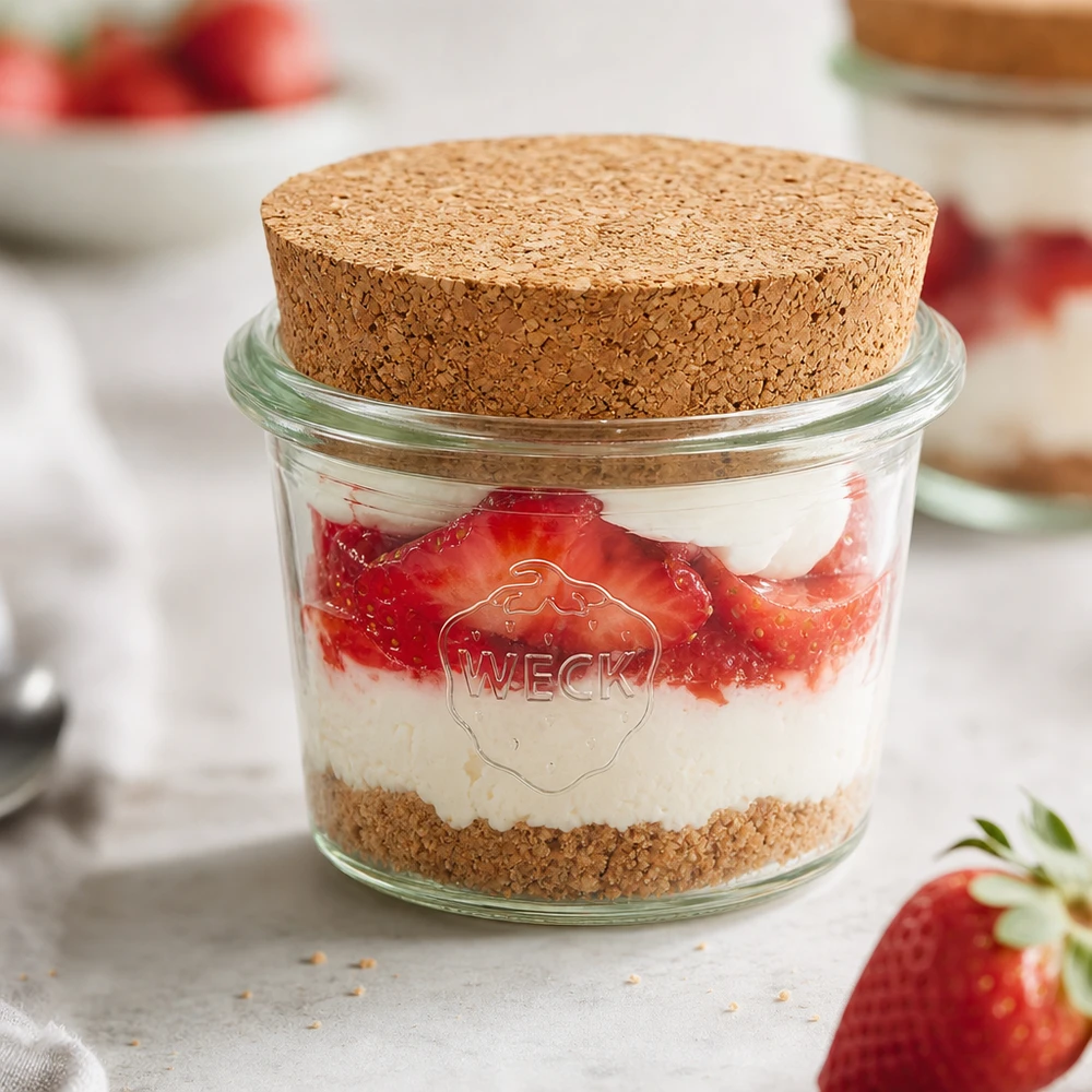 WECK Pot renversé RR40 35ml avec bouchon rempli de dessert à la fraise et à la crème comme pot à portions pour les desserts sucrés