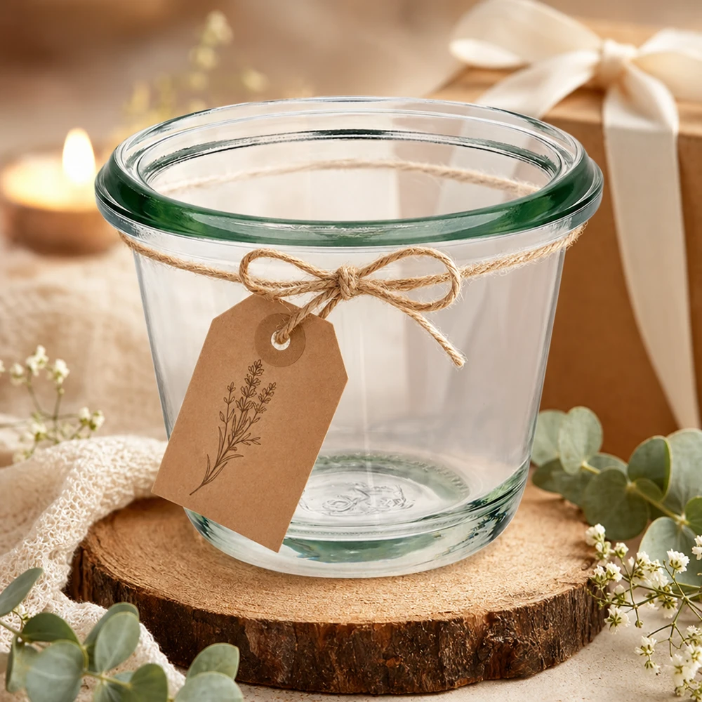 Pot gourmet WECK RR60 de 80 ml décoré avec un pendentif en papier kraft sur un disque en bois dans une décoration cadeau festive
