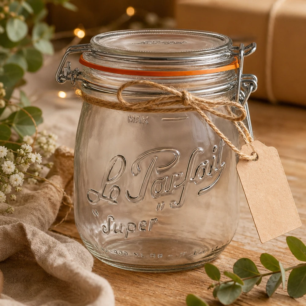 Bocal Le Parfait® 750 ml Ø85 mm conserve 750ml Le Parfait Pot à provisions Super avec fermeture à étrier et étiquette cadeau sur table en bois avec décoration