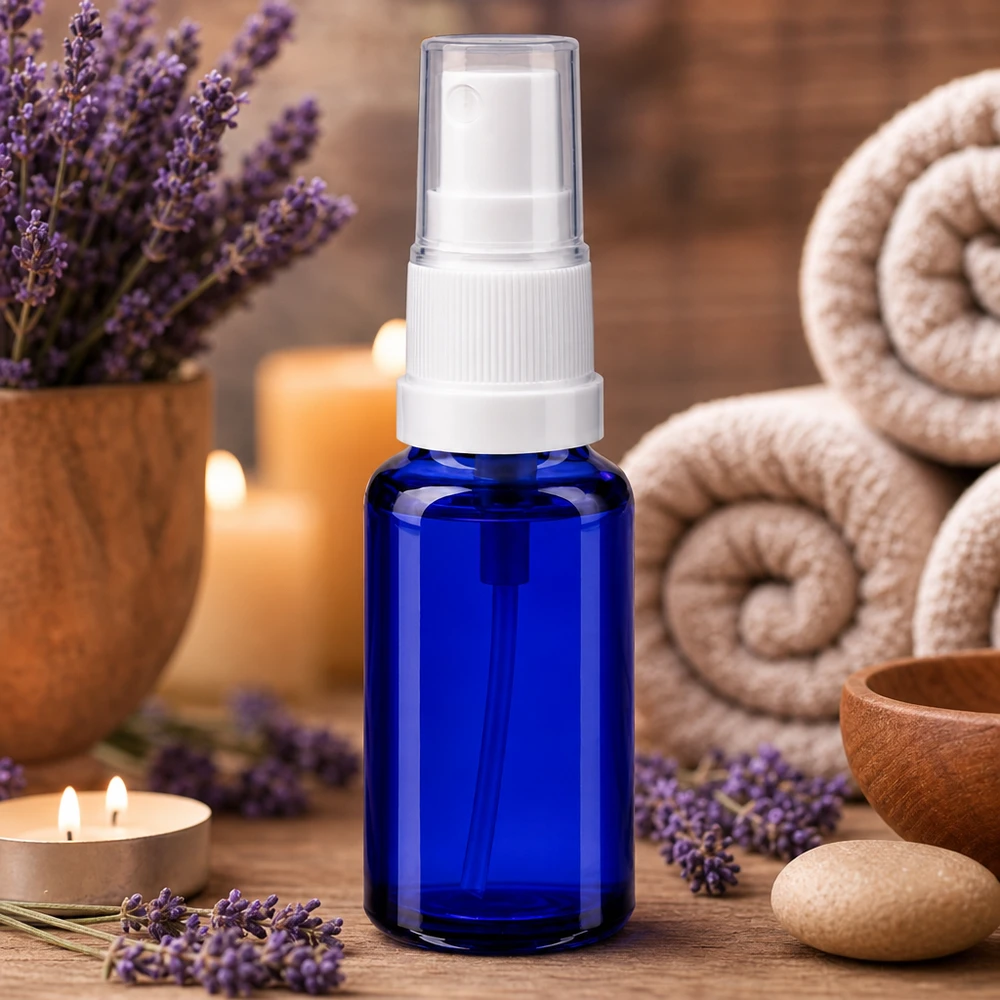 Flacon en verre bleu de 20 ml avec vaporisateur, idéal pour l'aromathérapie et les cosmétiques naturels ApoGlas