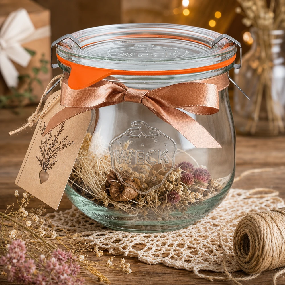 WECK Pot tulipe 370ml RR80 arrangé de manière décorative avec des fleurs séchées Ruban de satin et étiquette cadeau comme idée de bricolage