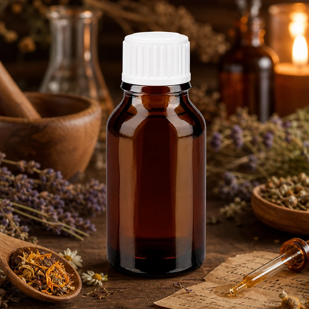 Flacon de pharmacie de 30 ml en verre ambré avec bouchon SV Standard blanc de 11 mm, destiné à la médecine naturelle et à la phytothérapie