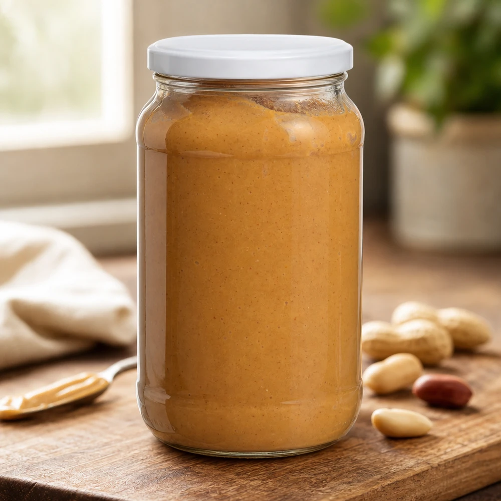 1062ml Bocal rond avec couvercle BasicSeal rempli de beurre de cacahuètes sur planche en bois avec cacahuètes Bocal de réserve cuisine