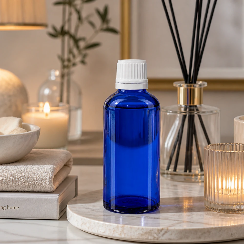 Flacon en verre bleu de 50 ml avec bouchon blanc à sécurité enfant, à côté d'un diffuseur à bâtonnets et de bougies