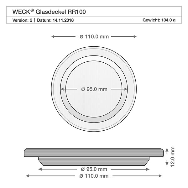 1062ml bocal tulipe avec bouchon en verre WECK RR100 WECK couvercle en verre RR100 dessin technique dimensions 110mm diamètre 95mm dimension intérieure 12mm hauteur pièce de rechange verre cylindrique