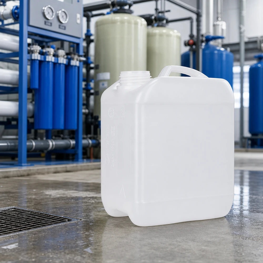 Petit bidon industriel blanc de 2,5 litres à côté de réservoirs de filtration dans le hall de production