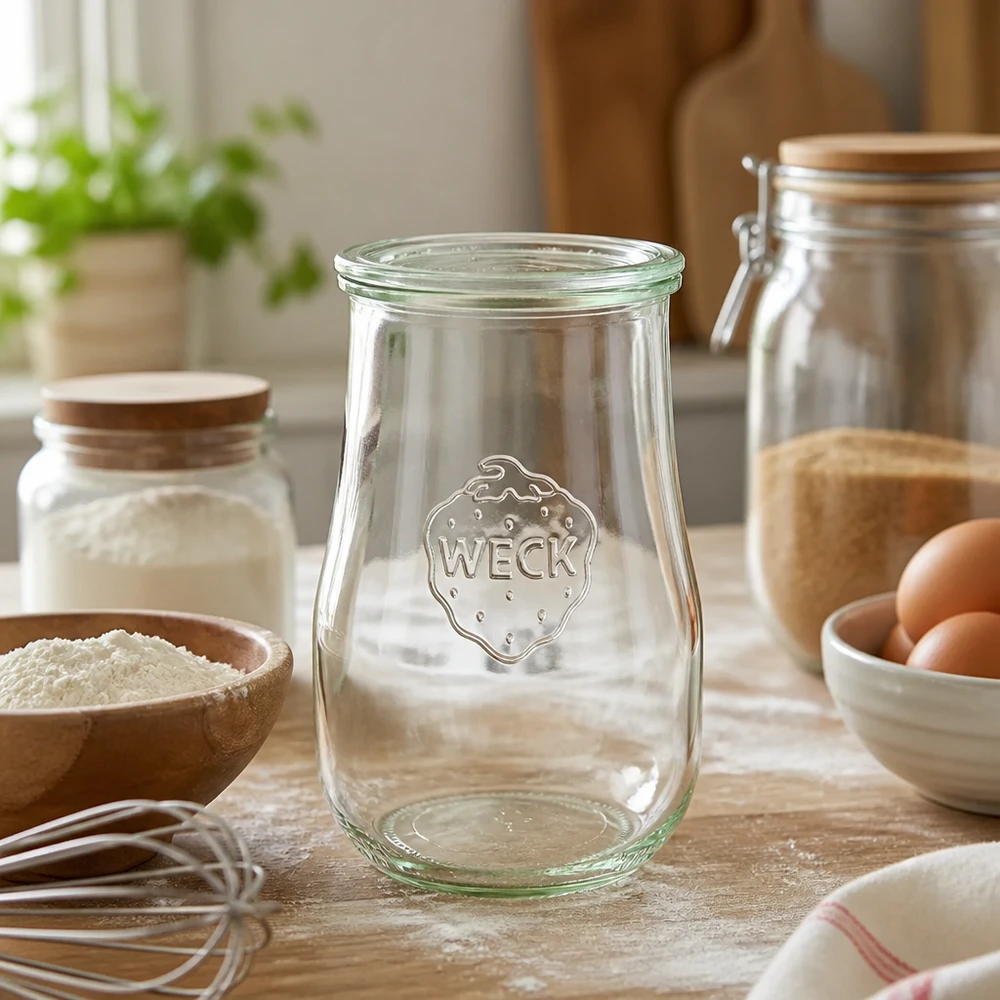 WECK Pot tulipe 1750ml RR100 dans un environnement de cuisine naturel avec des ingrédients de boulangerie farine œufs et autres bocaux de stockage