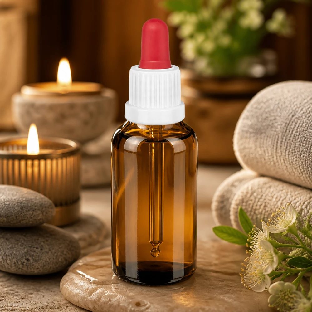 Bouteille pipette 30ml blanc/rouge OV BrownLine UT18/30 Flacon en verre brun de 30 ml avec bouchon pipette UT18/30 - idéal pour les sérums, les teintures et les concentrés