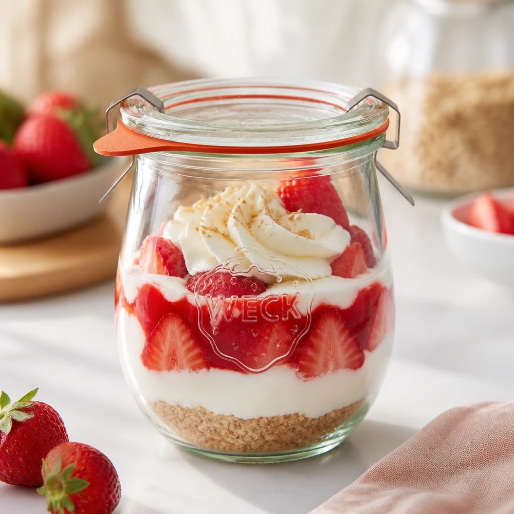 WECK Pot tulipe 220ml RR60 avec dessert à la fraise Dessert stratifié Yaourt et fond de biscuit utilisé comme verre à dessert