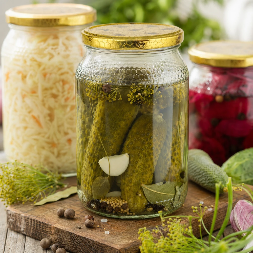 Pot à miel de 900ml avec couvercle BasicSeal utilisé pour la mise en conserve des cornichons, de la choucroute et des aliments fermentés.