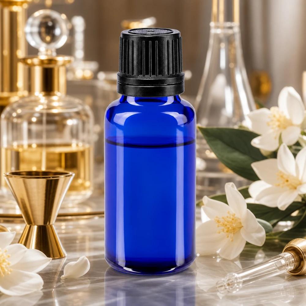 Flacon à pharmacie bleu 20ml bouchon à vis noir bague de coulée bouchon d'inviolabilité Flacon de pharmacie bleu de 20 ml avec bouchon OV, entouré de fleurs de jasmin blanches et rehaussé de touches dorées