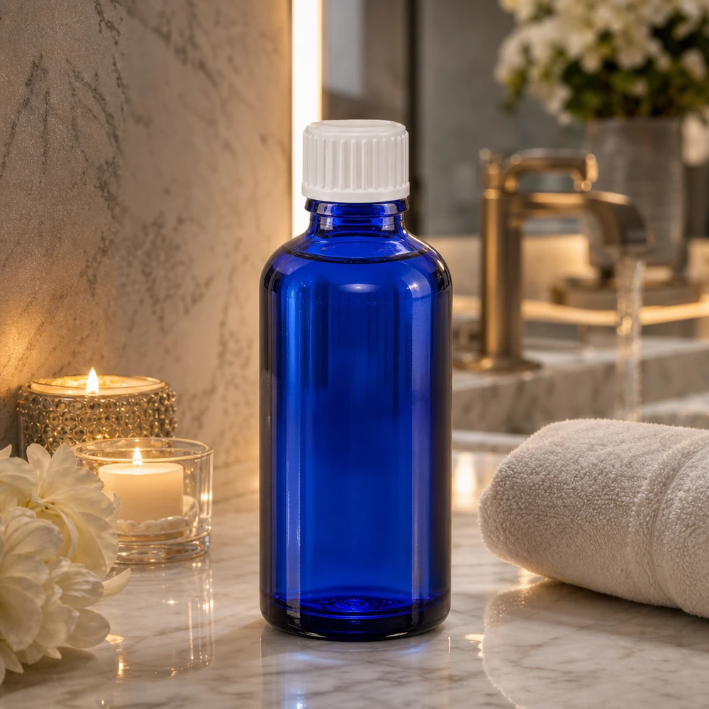 Flacon opaque de 50 ml, bleu cobalt, avec compte-gouttes de 0,9 mm, pour huiles essentielles et teintures