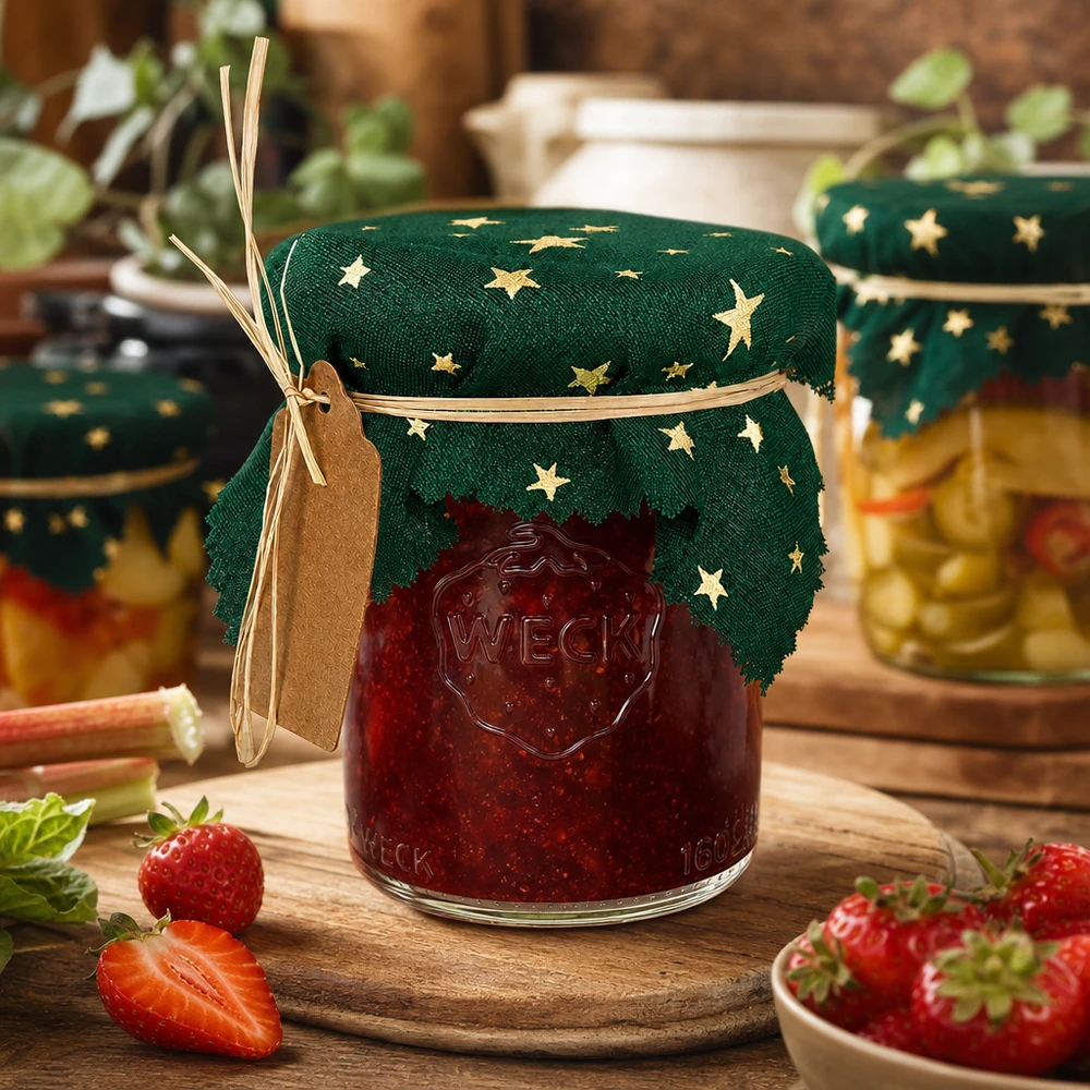 Couvercle en tissu étoiles vertes 120x120mm carré Couvercle vert étoilé 12cm carré sur pot de confiture de fraises, scène de cuisine rustique avec fraises fraîches